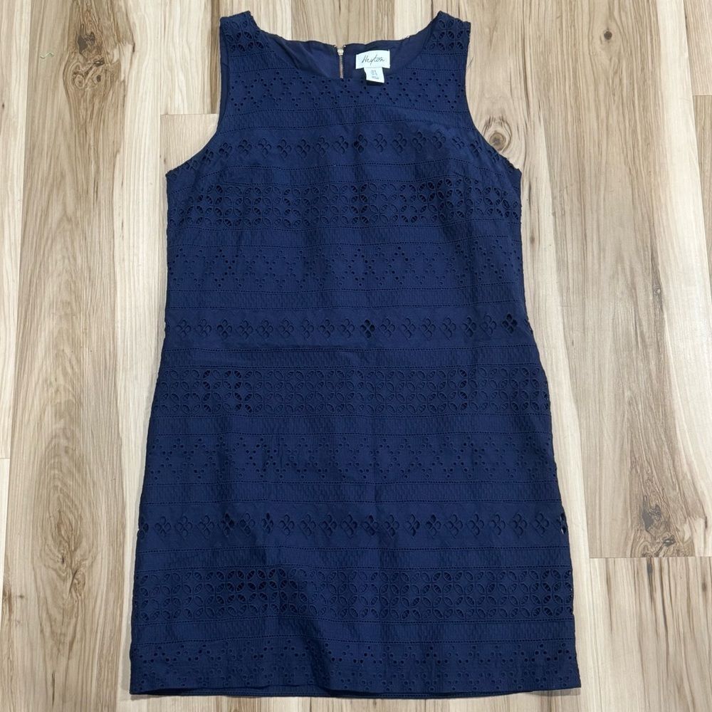 Heyton Eyelet 100% Cotton Sleeveless Shift Dress Navy Blue Women’s 8
